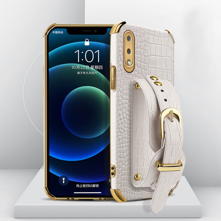 For Samsung Galaxy A02 Electroplated TPU Crocodile Pattern Leather Case with Wrist Strap