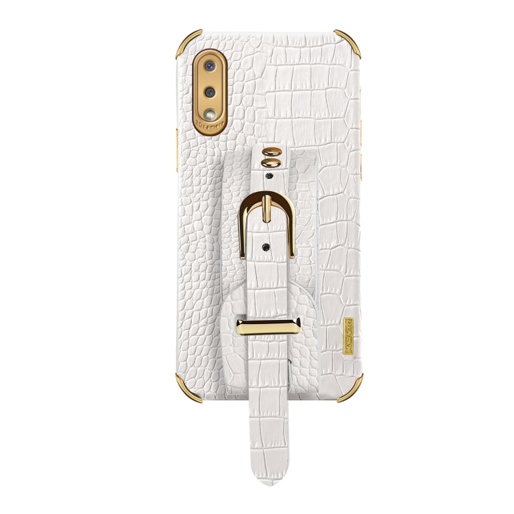 For Samsung Galaxy A02 Electroplated TPU Crocodile Pattern Leather Case with Wrist Strap