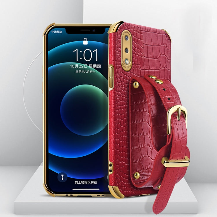For Samsung Galaxy A02 Electroplated TPU Crocodile Pattern Leather Case with Wrist Strap