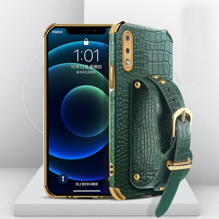 For Samsung Galaxy A02 Electroplated TPU Crocodile Pattern Leather Case with Wrist Strap
