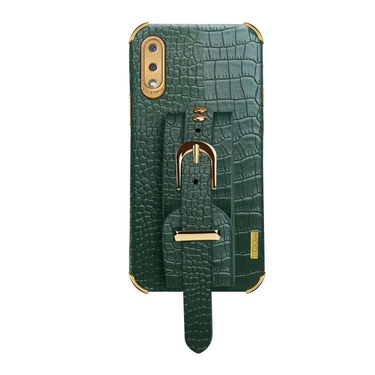 For Samsung Galaxy A02 Electroplated TPU Crocodile Pattern Leather Case with Wrist Strap