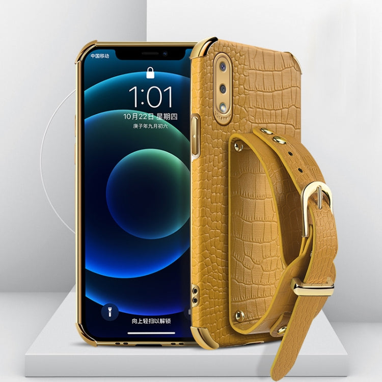 For Samsung Galaxy A02 Electroplated TPU Crocodile Pattern Leather Case with Wrist Strap