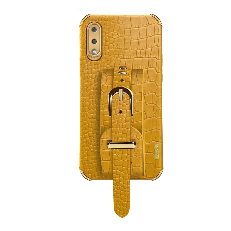 For Samsung Galaxy A02 Electroplated TPU Crocodile Pattern Leather Case with Wrist Strap