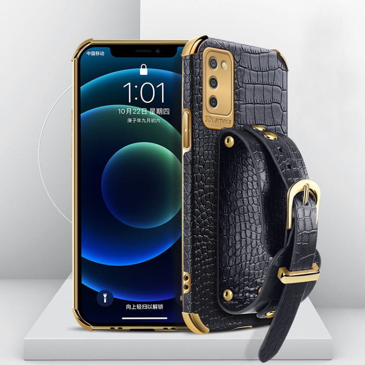 For Samsung  Galaxy A02s (EU Version) Electroplated TPU Crocodile Pattern Leather Case with Wrist Strap
