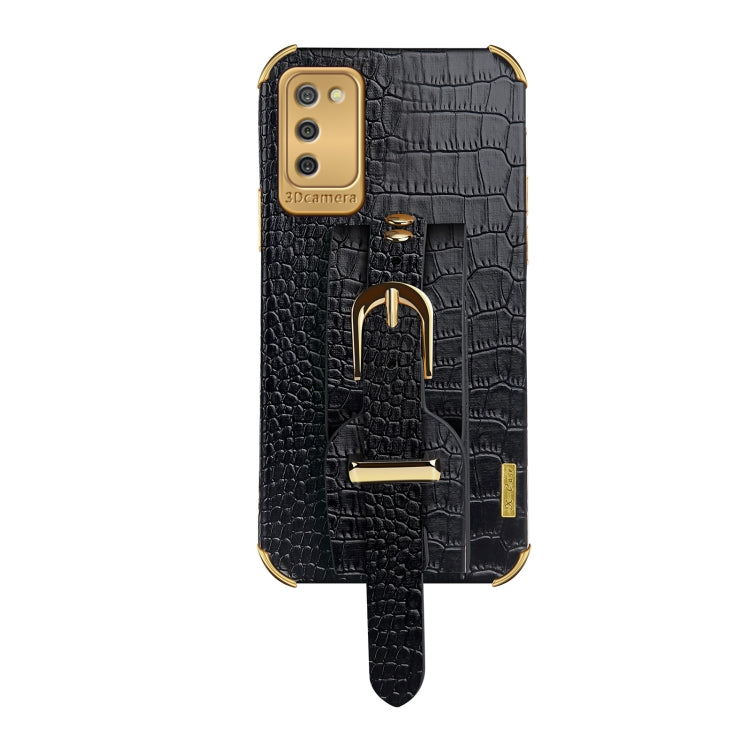 For Samsung  Galaxy A02s (EU Version) Electroplated TPU Crocodile Pattern Leather Case with Wrist Strap