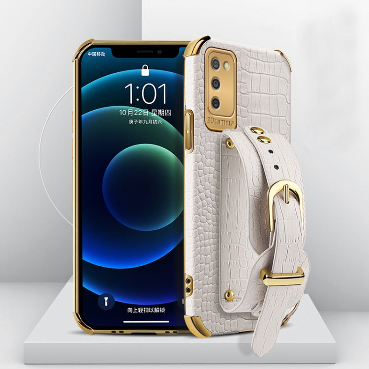 For Samsung  Galaxy A02s (EU Version) Electroplated TPU Crocodile Pattern Leather Case with Wrist Strap
