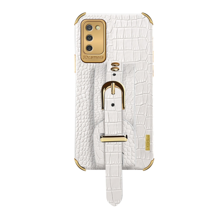 For Samsung  Galaxy A02s (EU Version) Electroplated TPU Crocodile Pattern Leather Case with Wrist Strap
