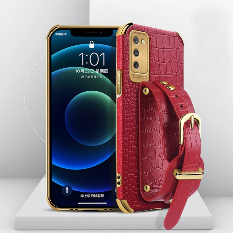 For Samsung  Galaxy A02s (EU Version) Electroplated TPU Crocodile Pattern Leather Case with Wrist Strap