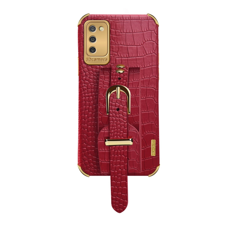 For Samsung  Galaxy A02s (EU Version) Electroplated TPU Crocodile Pattern Leather Case with Wrist Strap