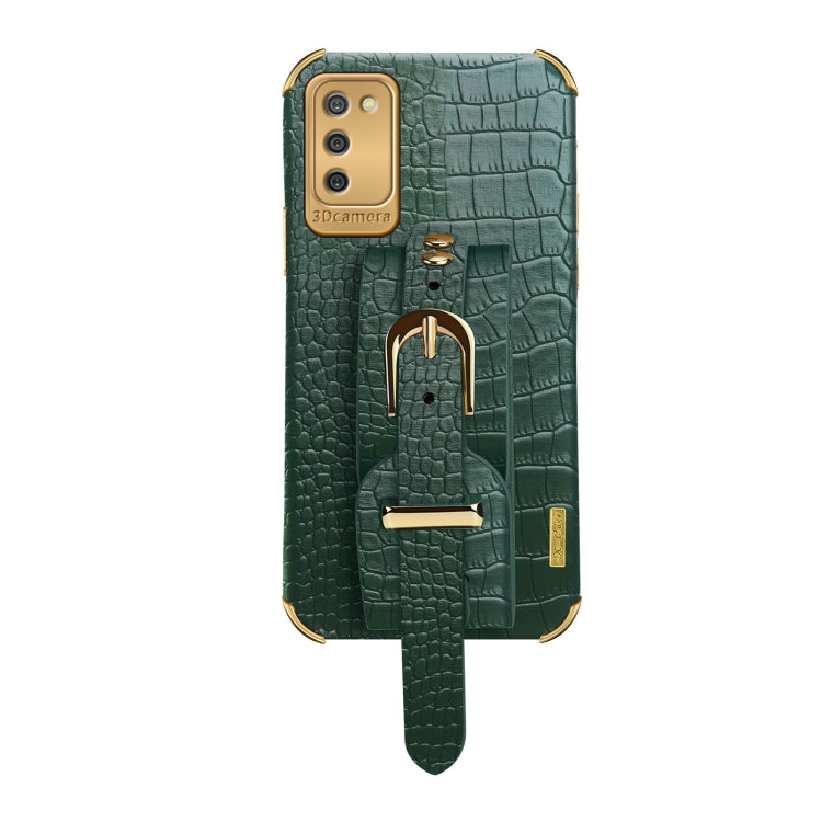 For Samsung  Galaxy A02s (EU Version) Electroplated TPU Crocodile Pattern Leather Case with Wrist Strap