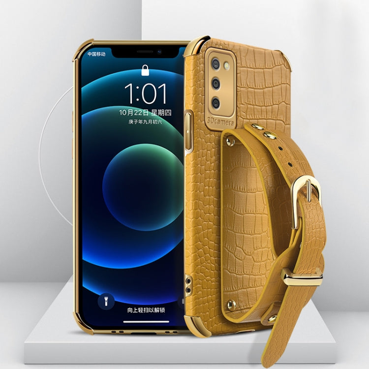 For Samsung  Galaxy A02s (EU Version) Electroplated TPU Crocodile Pattern Leather Case with Wrist Strap