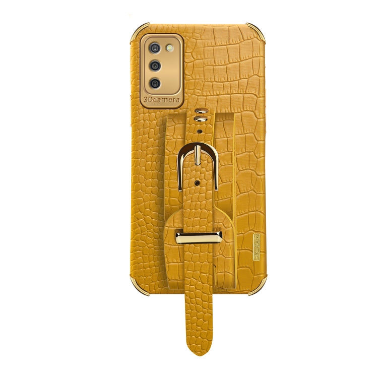 For Samsung  Galaxy A02s (EU Version) Electroplated TPU Crocodile Pattern Leather Case with Wrist Strap