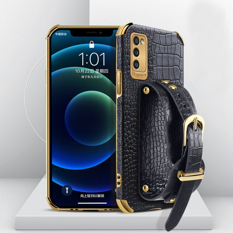 For Samsung Galaxy A41 Electroplated TPU Crocodile Pattern Leather Case with Wrist Strap