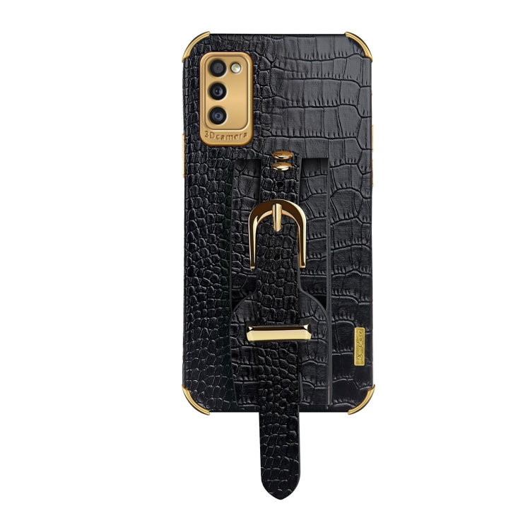 For Samsung Galaxy A41 Electroplated TPU Crocodile Pattern Leather Case with Wrist Strap