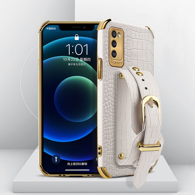 For Samsung Galaxy A41 Electroplated TPU Crocodile Pattern Leather Case with Wrist Strap