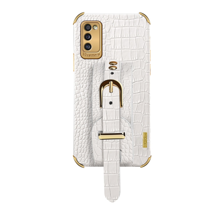 For Samsung Galaxy A41 Electroplated TPU Crocodile Pattern Leather Case with Wrist Strap