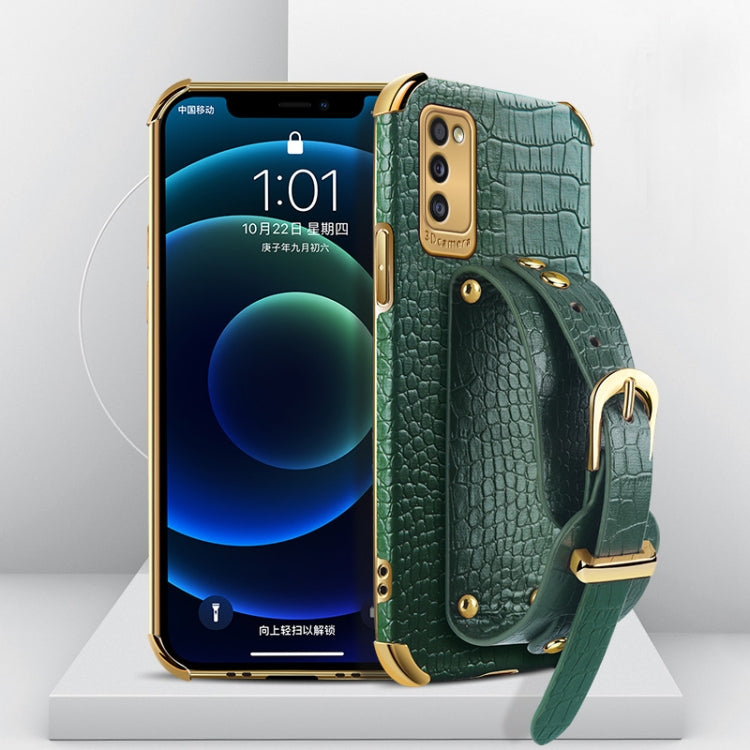 For Samsung Galaxy A41 Electroplated TPU Crocodile Pattern Leather Case with Wrist Strap