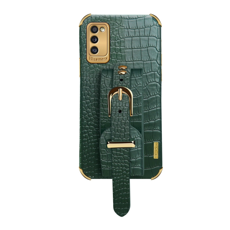 For Samsung Galaxy A41 Electroplated TPU Crocodile Pattern Leather Case with Wrist Strap