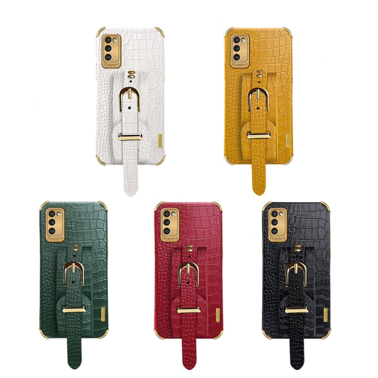 For Samsung Galaxy A41 Electroplated TPU Crocodile Pattern Leather Case with Wrist Strap