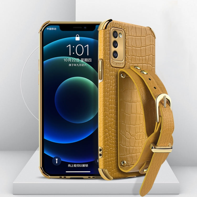 For Samsung Galaxy A41 Electroplated TPU Crocodile Pattern Leather Case with Wrist Strap