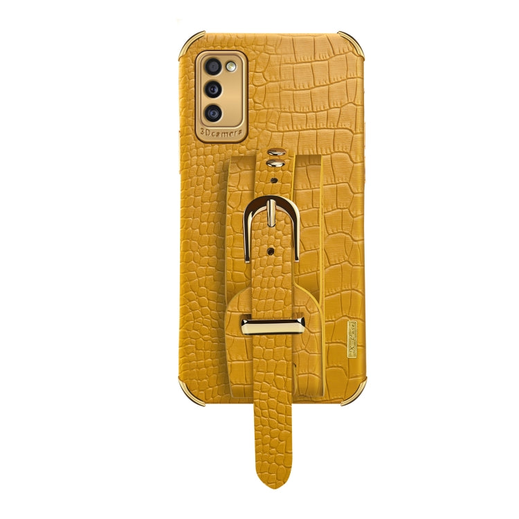 For Samsung Galaxy A41 Electroplated TPU Crocodile Pattern Leather Case with Wrist Strap