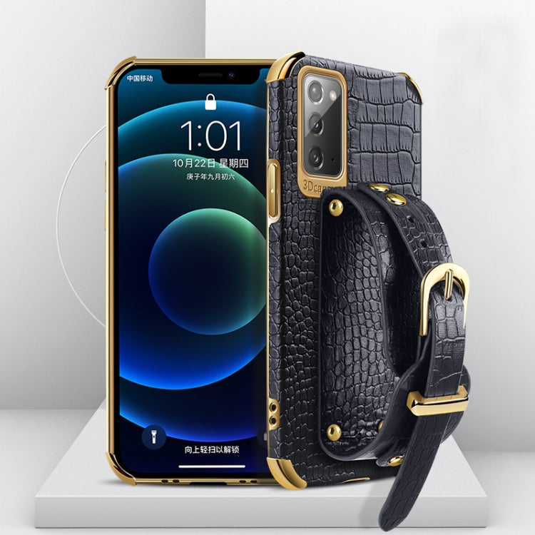 For Samsung Galaxy Note20 Electroplated TPU Crocodile Pattern Leather Case with Wrist Strap