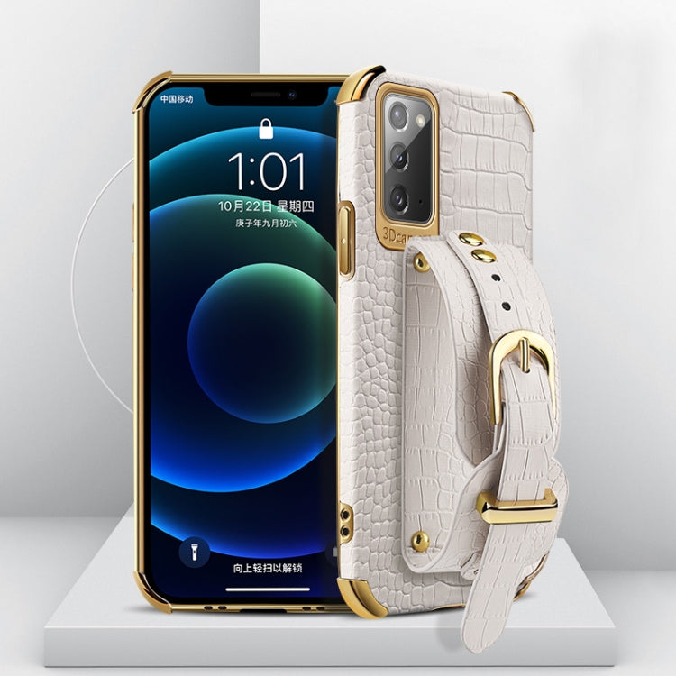 For Samsung Galaxy Note20 Electroplated TPU Crocodile Pattern Leather Case with Wrist Strap
