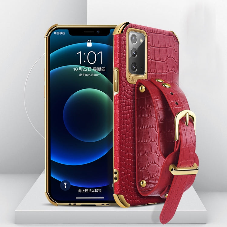For Samsung Galaxy Note20 Electroplated TPU Crocodile Pattern Leather Case with Wrist Strap