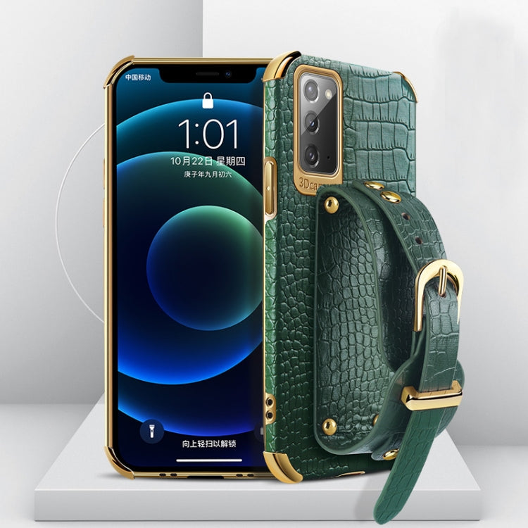 For Samsung Galaxy Note20 Electroplated TPU Crocodile Pattern Leather Case with Wrist Strap