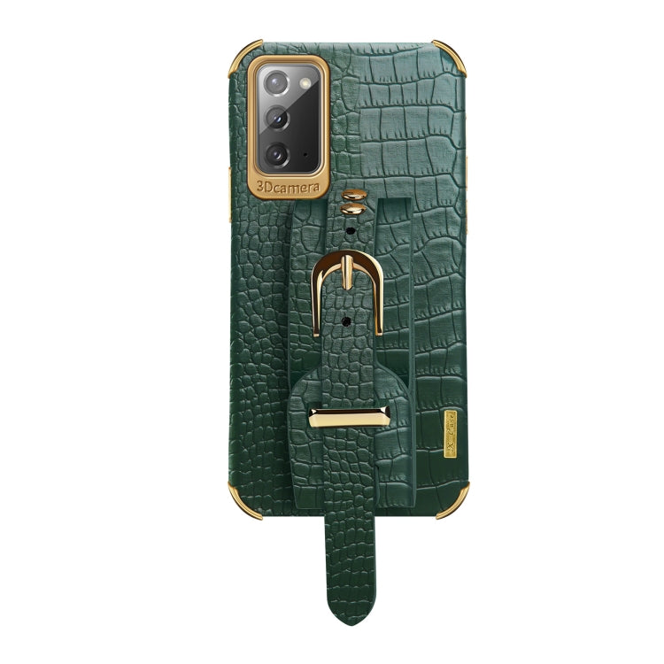 For Samsung Galaxy Note20 Electroplated TPU Crocodile Pattern Leather Case with Wrist Strap