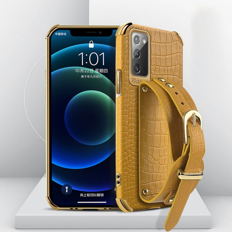 For Samsung Galaxy Note20 Electroplated TPU Crocodile Pattern Leather Case with Wrist Strap