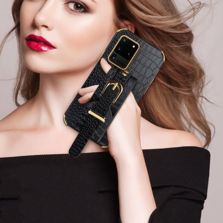 For Samsung Galaxy Note20 Electroplated TPU Crocodile Pattern Leather Case with Wrist Strap