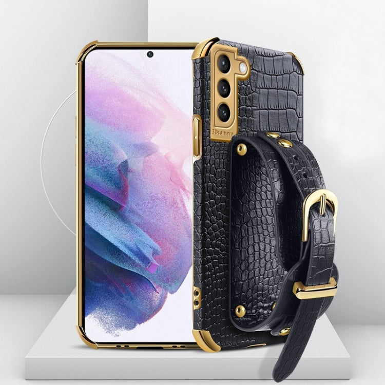 For Samsung Galaxy S21 Plus Electroplated TPU Crocodile Pattern Leather Case with Wrist Strap