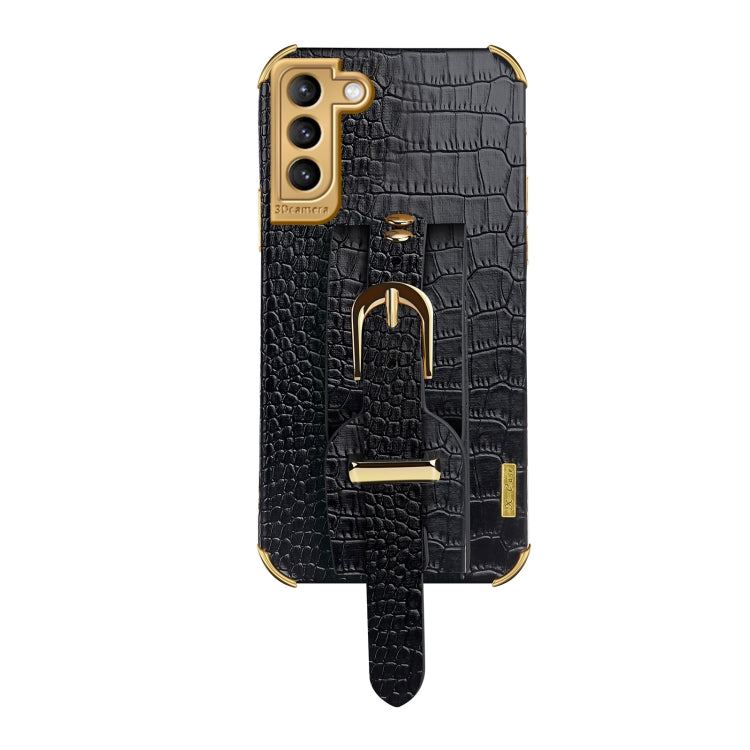 For Samsung Galaxy S21 Plus Electroplated TPU Crocodile Pattern Leather Case with Wrist Strap