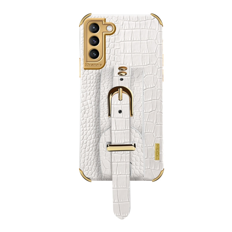 For Samsung Galaxy S21 Plus Electroplated TPU Crocodile Pattern Leather Case with Wrist Strap