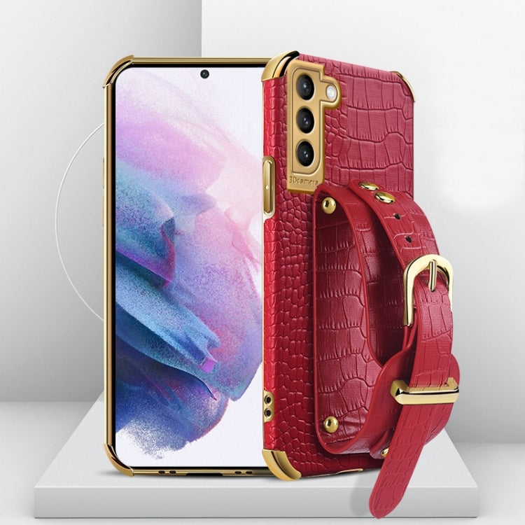 For Samsung Galaxy S21 Plus Electroplated TPU Crocodile Pattern Leather Case with Wrist Strap