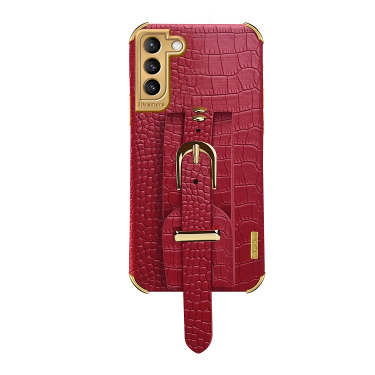 For Samsung Galaxy S21 Plus Electroplated TPU Crocodile Pattern Leather Case with Wrist Strap