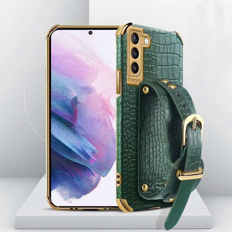 For Samsung Galaxy S21 Plus Electroplated TPU Crocodile Pattern Leather Case with Wrist Strap