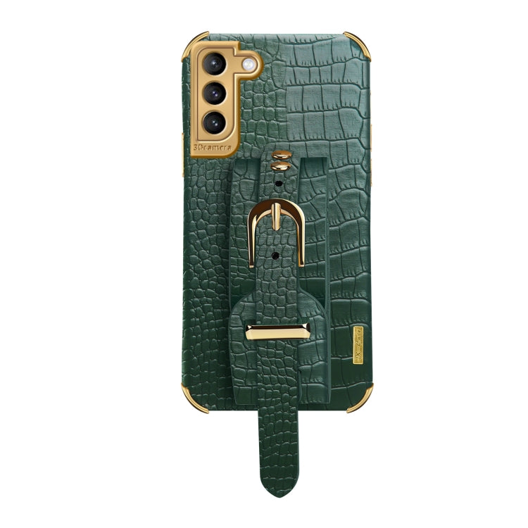 For Samsung Galaxy S21 Plus Electroplated TPU Crocodile Pattern Leather Case with Wrist Strap