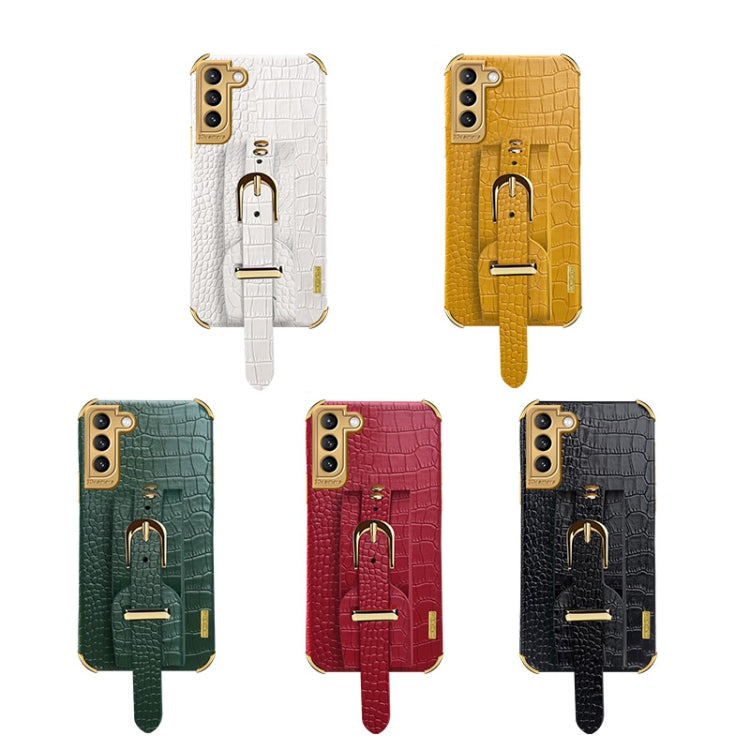 For Samsung Galaxy S21 Plus Electroplated TPU Crocodile Pattern Leather Case with Wrist Strap