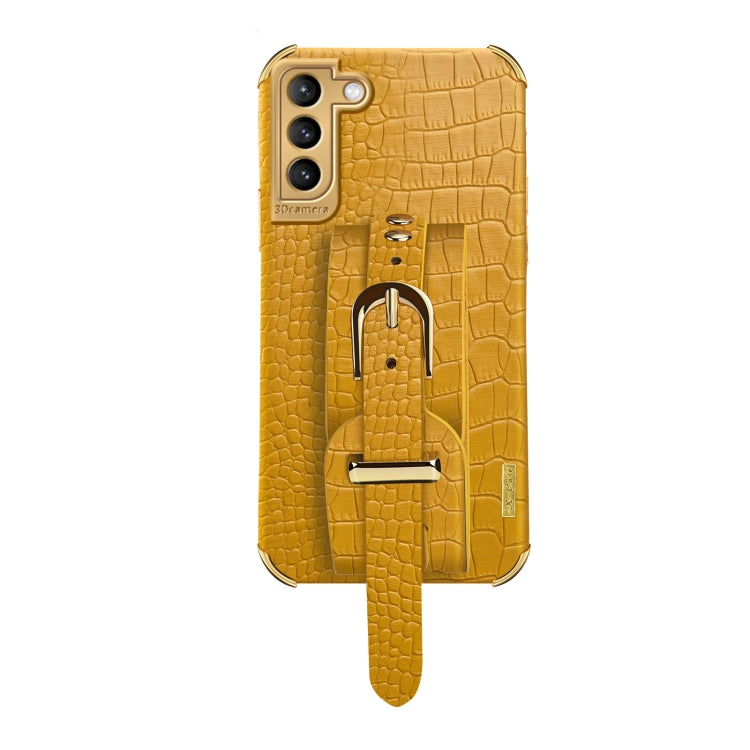 For Samsung Galaxy S21 Plus Electroplated TPU Crocodile Pattern Leather Case with Wrist Strap