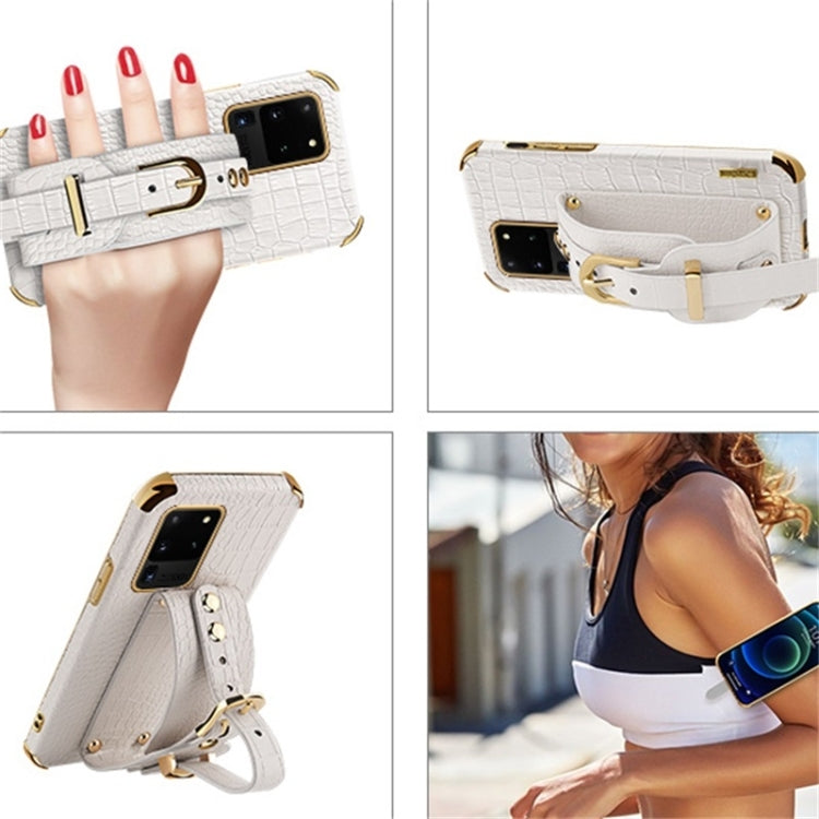 For Samsung Galaxy S21 Plus Electroplated TPU Crocodile Pattern Leather Case with Wrist Strap