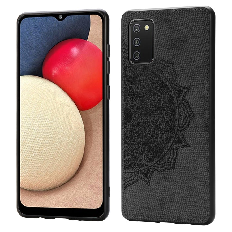 For Samsung Galaxy A72 5G / 4G Mandala Embossed Cloth Cover PC + TPU Mobile Phone Case with Magnetic Function and Hand Strap