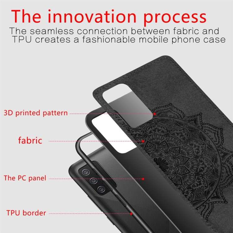 For Samsung Galaxy A72 5G / 4G Mandala Embossed Cloth Cover PC + TPU Mobile Phone Case with Magnetic Function and Hand Strap