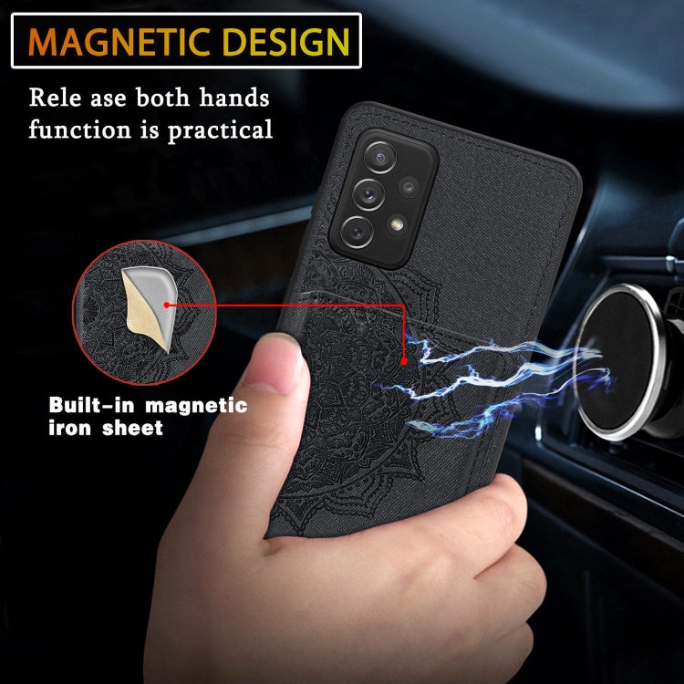 For Samsung Galaxy A52 5G / 4G Mandala Embossed Magnetic Cloth PU+TPU+PC Case with Holder & Card Slots & Wallet & Photo Frame