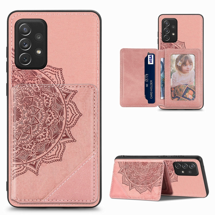 For Samsung Galaxy A52 5G / 4G Mandala Embossed Magnetic Cloth PU+TPU+PC Case with Holder & Card Slots & Wallet & Photo Frame