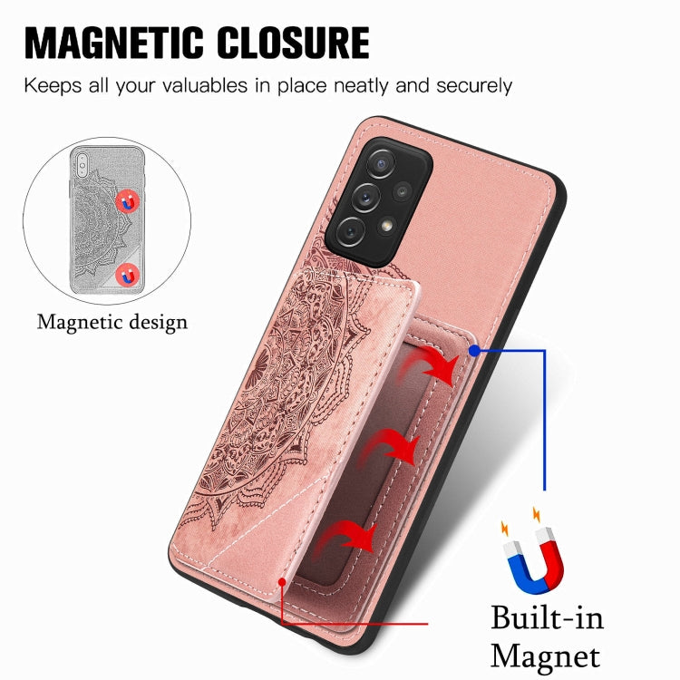 For Samsung Galaxy A52 5G / 4G Mandala Embossed Magnetic Cloth PU+TPU+PC Case with Holder & Card Slots & Wallet & Photo Frame