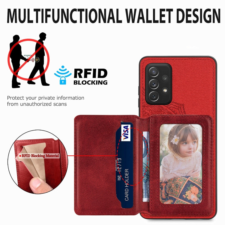 For Samsung Galaxy A52 5G / 4G Mandala Embossed Magnetic Cloth PU+TPU+PC Case with Holder & Card Slots & Wallet & Photo Frame