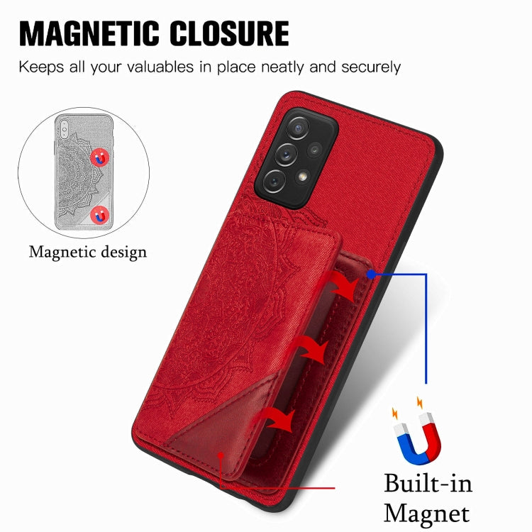 For Samsung Galaxy A52 5G / 4G Mandala Embossed Magnetic Cloth PU+TPU+PC Case with Holder & Card Slots & Wallet & Photo Frame