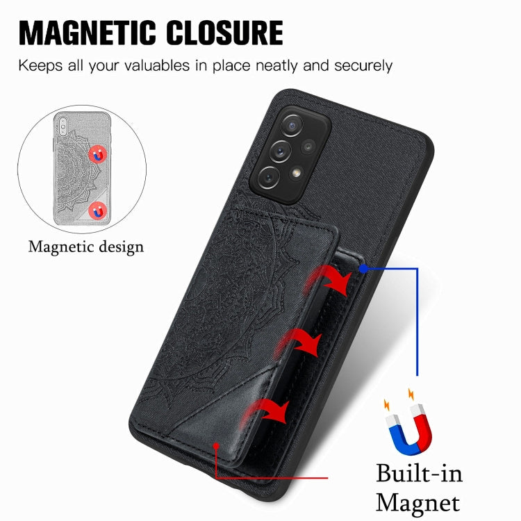 For Samsung Galaxy A72 5G / 4G Mandala Embossed Magnetic Cloth PU+TPU+PC Case with Holder & Card Slots & Wallet & Photo Frame